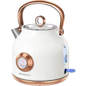 Retro Electric Kettle, 1.7L Stainless Steel Tea Kettle with Large Temperature Gauge, 1500W Fast Heating Hot Water Boiler with LED Indicator, Auto Shut-off & Boil-Dry Protection-Reteo White