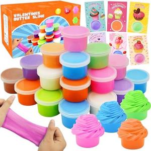 Valentines Day Gifts for Kids, 28 Pack Valentines Butter Slime Toys Valentines Cards Stress Relief Fidget Slime Toy Valentines Exchange Gifts for Kids School Classroom Valentines Party Favors