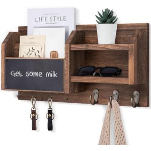 Mail and Key Holder  Wall Mount Key Hanger with Shelf and 7 Metal Hooks  Decorative Natural Paulownia Wood Entryway Organizer with Mounting Hardware (16.5W x 8.7H x 3.5D) (Brown)