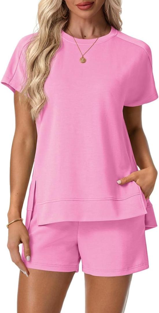 Lepunuo 2 Piece Short Sets for Women Summer Outfits Short Sleeve Tops Elastic Waist Shorts Lounge Set Vacation Travel Outfits (XX-Large, A- Hot Pink)