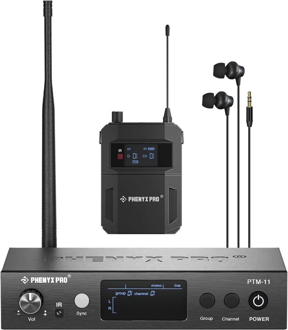 Phenyx Pro UHF Mono Wireless in-Ear Monitor System, Metal Wireless IEM System, Bodypack Receiver, 50 Adjustable Frequencies, Separate Outputs, 164ft Operation, Suitable for Band and Studio (PTM-11)