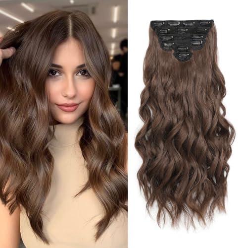 Clip in Hair Extensions, 6 PCS Light Brown Extensions, Wavy Hair Extensions, Natural & Soft Hair & Blends Well, Chocolate Brown Long Wavy Hairpieces(20inch, 6pcs, Chocolate Brown)