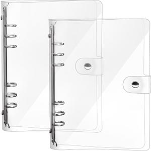 2 Pack A5 Transparent Soft PVC 6-Hole Binder Notebook Covers With Snap Button Closure - Refillable, Round Ring, For Cover Protection (Paper Not Included)