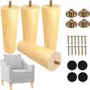 6 Inches Round Solid Wood Furniture Legs Set of 4, Natural Wooden Replacement Feet with Threaded 5/16'' Hanger Bolts for Sofa, Couch, Armchair, Cabinet, TV Stand, Ottoman and Dresser