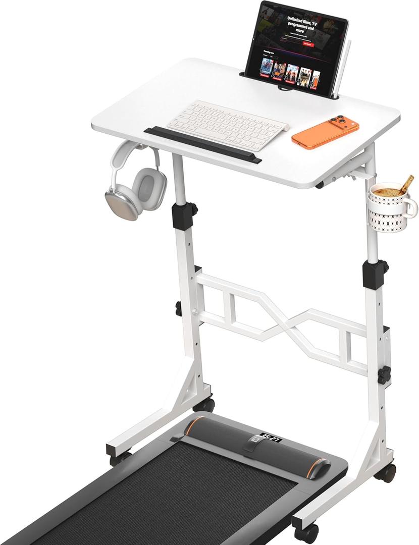 Oransail Small Standing Desk with Wheels, 29.5-45.3 Inch Adjustable Height, Portable Treadmill Desk, Rolling Computer Table for Walking Pad with a Cup Holder and a Hook, Compact