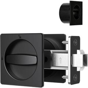 AST Square Pocket Door Lock with Edge Pull, Sturdy Privacy Bifold and Cavity Sliding Door Lock with Flush Pull, Replacement Hardware with Latch, Made of Zinc Alloy, Matte Black