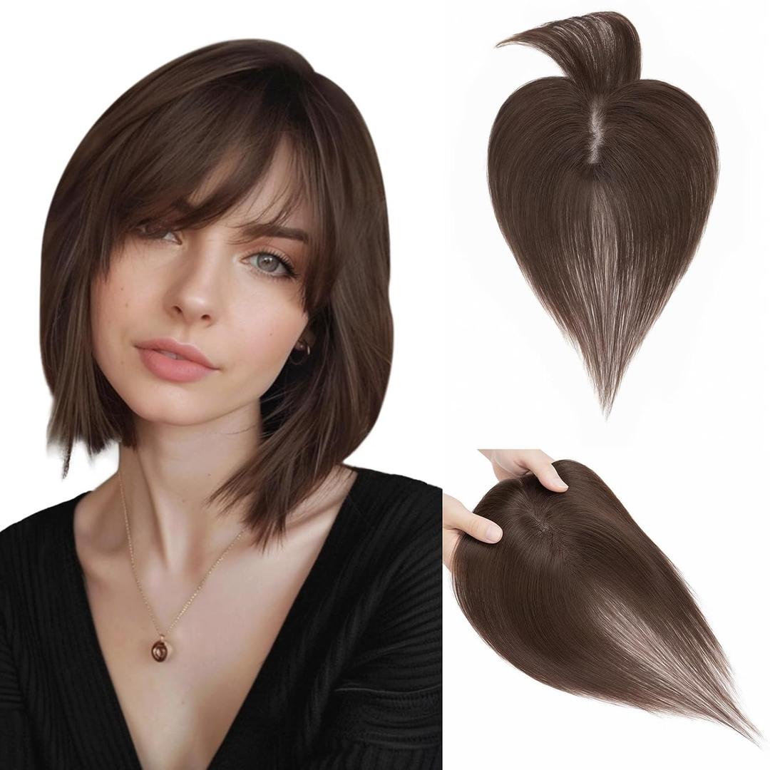 Hairro 100% Human Hair Toppers with Bangs, 360 Cover 3D Clips on Thin Hairpieces for Women, 3.15"x4.33" Silk Base Lightweight for Covering Greyish Hair on Top, 11 Inch Dark Brown
