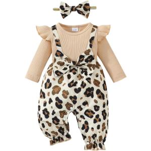 Baby Girl Clothes Fall Winter Outfit Infant Girl Plaid Long Sleeve Ruffle Romper One Piece Jumpsuit with Headband (12-18 Months, Apricot Leopard)