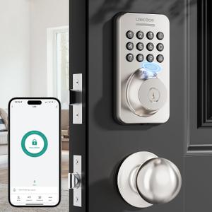 Ulecoce Fingerprint Keypad Deadbolt with Handle Set, Keyless Entry Door Lock, Door Locks for Front Door Lock Set, App Control, Auto Locking, Easy to Install, Satin Nickel (Silver)