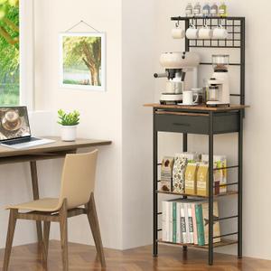 Coffee Bar Station,5 Tier Coffee Stand with Organizer Storage Drawers,Kitchen Corner Bakers Rack with 4 S-Shaped Hooks & Dual Wood,Kitchen Shelf for Small Spaces, Living Room ,Entryway (Rustic Brown)