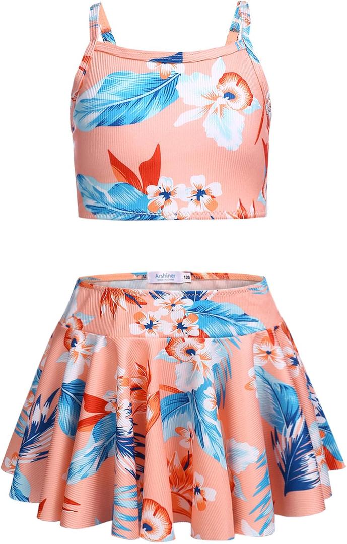 Arshiner Girls 3 Piece Swimsuit for Teen Girl Tankini Swimsuits Bathing Suit Beach Floral Bikini Swimwear with Skirt (9-10 Years, Orange)