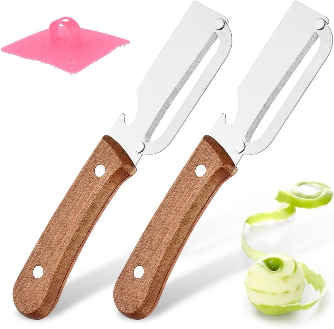 2Packs Premium Vegetable Peeler with Wooden Handle and Bottle Opener Stainless Steel Blade Kitchen Tool for Fruit A pple Potato Pumpkin Papaya Zucchini, With Fruit/Vegetable Brush