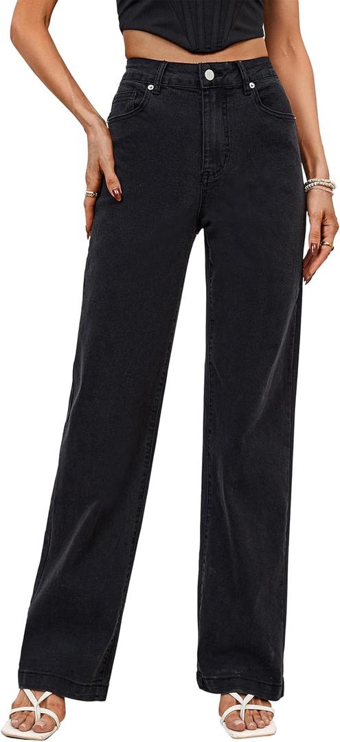 Tsher Womens High Waisted Jeans Stretchy Straight Leg Loose Fit Denim Pants Lightweight Tummy Control Trendy Jeans for Women (Black) Size: 2