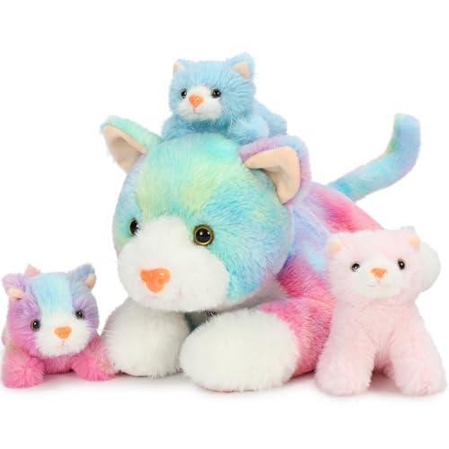 Muiteiur 4 Piece Cats Stuffed Animals, 15.7 inch Mom Plush Cat with 3 Kittens Stuffed in Zipper Pouch, Cute Rainbow Mom and Baby Stuffed Kitten for Kids Girls Boys Gift for Birthday
