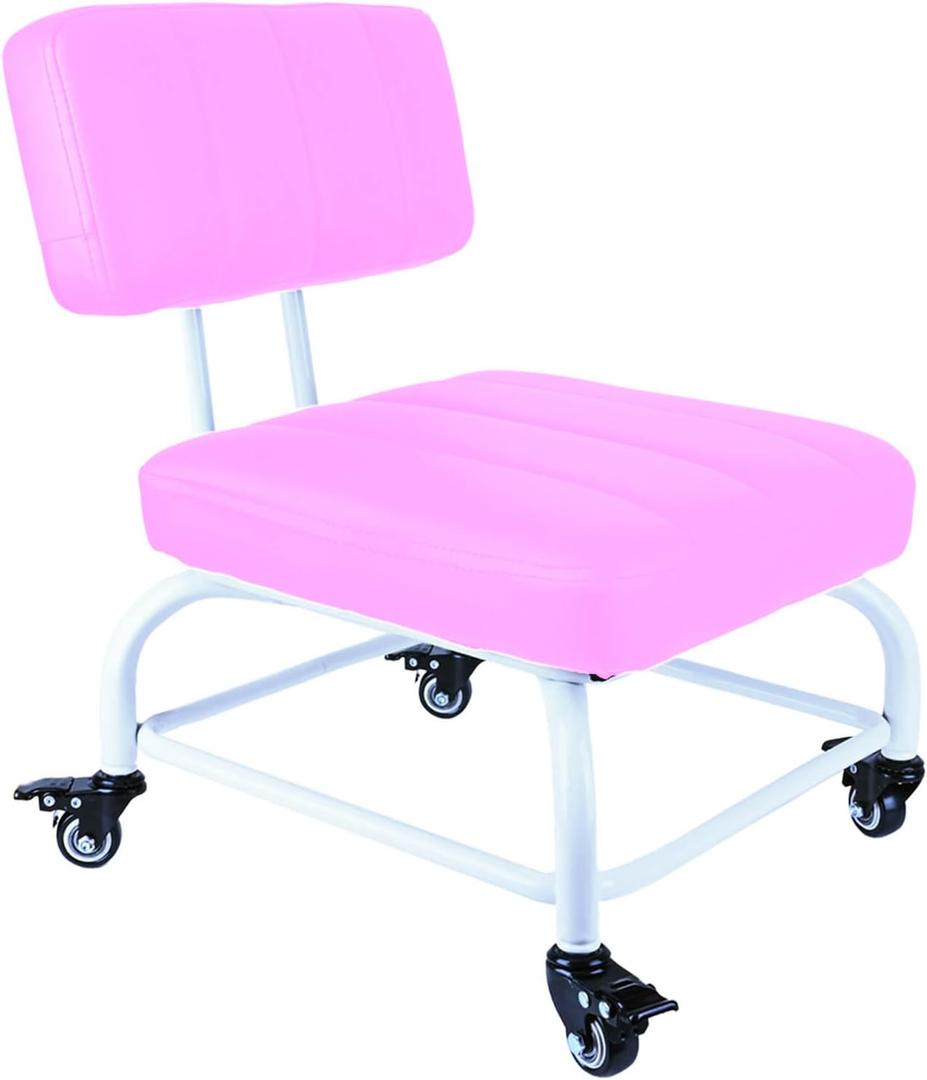Rolling Stool and 4 Wheels with Brakes Rolling Chair for Home Office Garage Shop Roller Seat Water-Proof High Density Cushion and Steel Pink (Middle)