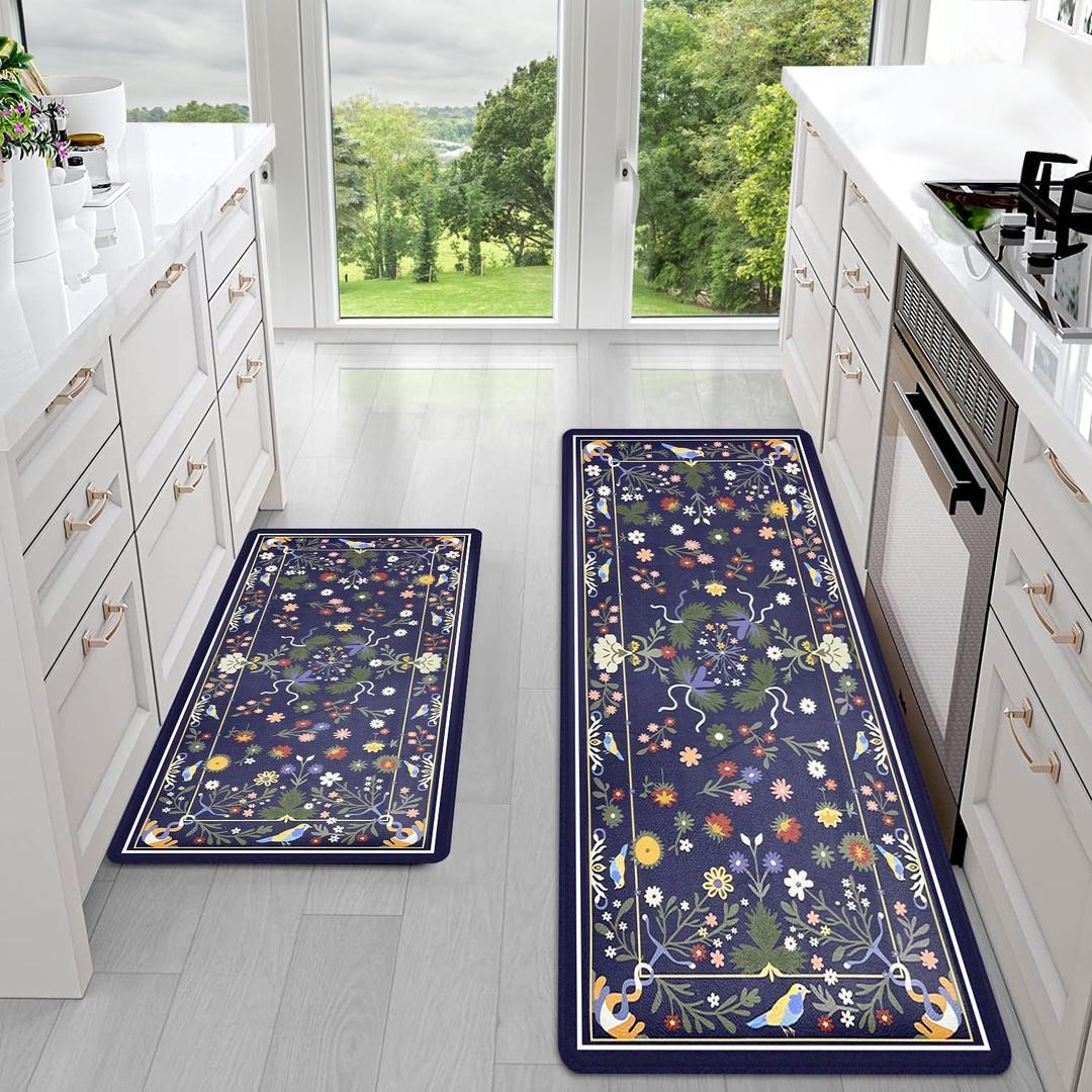 Sofort Kitchen Mats for Floor, Cushioned Anti Fatigue Kitchen Rugs Set of 2, Non Slip Waterproof Boho Standing Mats for Laundry, Sink, Office (Navy Blue)