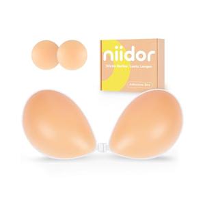 Niidor Adhesive Bra Invisible Silicone Reusable Sticky Bra Strapless Backless Adhesive Bra for Women Wedding Dress Creme, Cup Size: C
