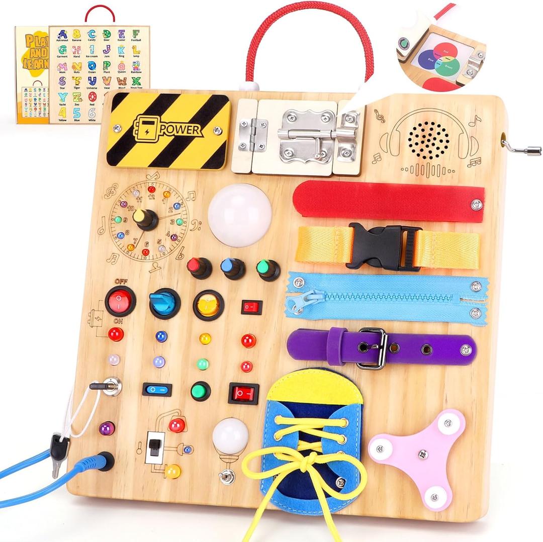 23 in 1 Busy Board Montessori Toys for 1-3 Year Old Wooden Learning Educational Toy for Toddlers with 15 Switches, 26 LED Lights, Music Boxes, Locks, Zippers Toddler Sensory Toys for Soothing A Baby