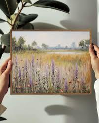 KISSFOX Vintage Framed Wall Art Decor Countryside Landscape Pictures Wall Decor Rustic Wildflower Paintings Scenery Canvas Art Prints Modern Farmhouse Artwork For Bedroom Kitchen Living Room 16x24in