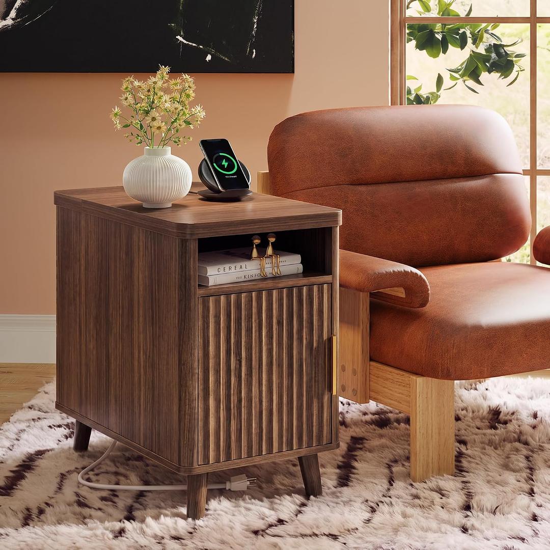 Huuger Narrow End Table with Charging Station, USB-C Port Fluted Nightstand with Storage Cabinet, Back Rack, Farmhouse Side Table for Small Spaces, Night Stand, Walnut, 23.6"D x 13.4"W x 23.6"H