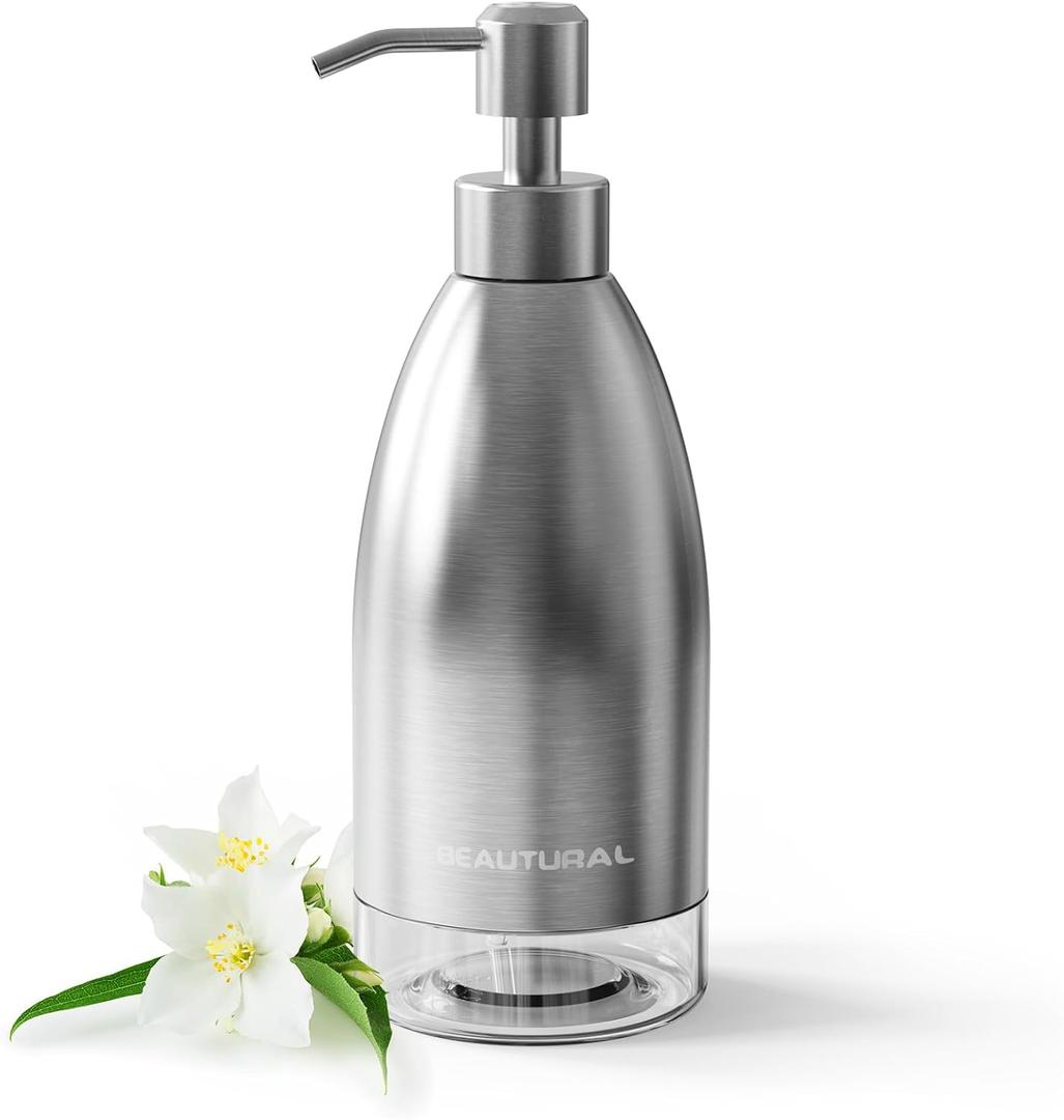 BEAUTURAL Soap Dispenser, Brushed Nickel Stainless Steel Case PET Liner Hand Pump Dispenser, Refillable Liquid Hand Dish soap Dispenser for Bathroom & Kitchen (15.2 OZ / 450ML)