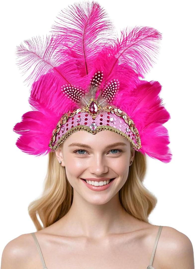 Women's Carnival Feather Headpieces Sequin Headdress for Wedding Masquerade Party Cosplay Feather Headbands (Tnmtd-hot Pink)