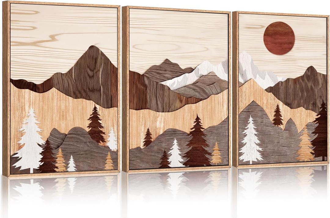 HLNIUC Boho Woodcut Style Mountain Framed Wall Art Set, Modern Sun Pine Tree Canvas Wall Decor, Rustic Forest Wall Painting, Nature Wilderness Art Print for Living Room, Bedroom, Office - 16"x24"x3 HLNIUC Boho Woodcut Style Mountain Framed Wall Art Set, Modern Sun Pine Tree Canvas Wall Decor, Rustic Forest Wall Painting, Nature Wilderness Art Print for Living Room, Bedroom, Office - 16"x24"x3