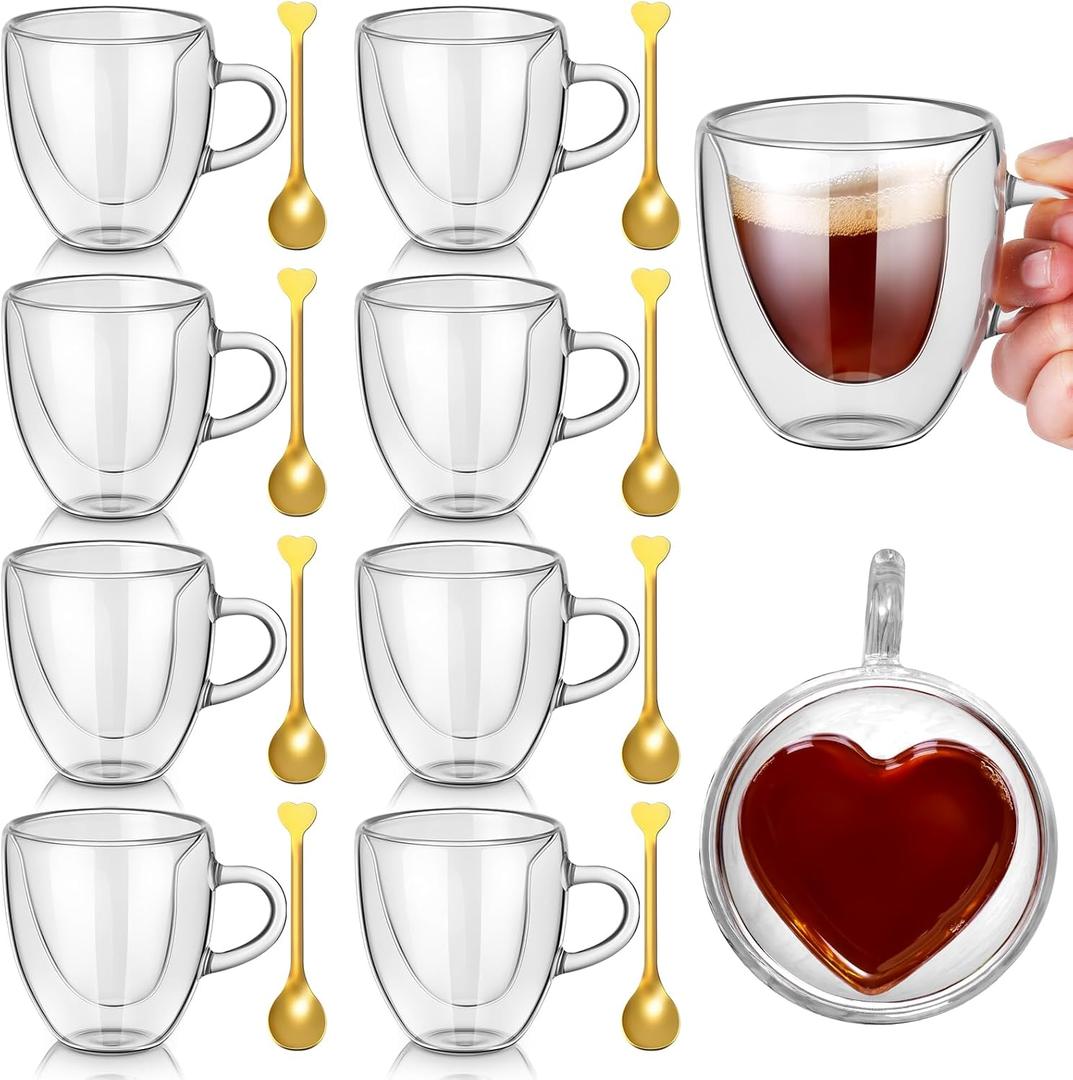 Nuogo 16 Pcs Heart Shaped Double Walled Glass Coffee Cups and Teaspoons Set Clear Mugs 2.8oz/80ml Heart Insulated with Handle for Milk Tea Juice Coffee Valentines Wedding Couples