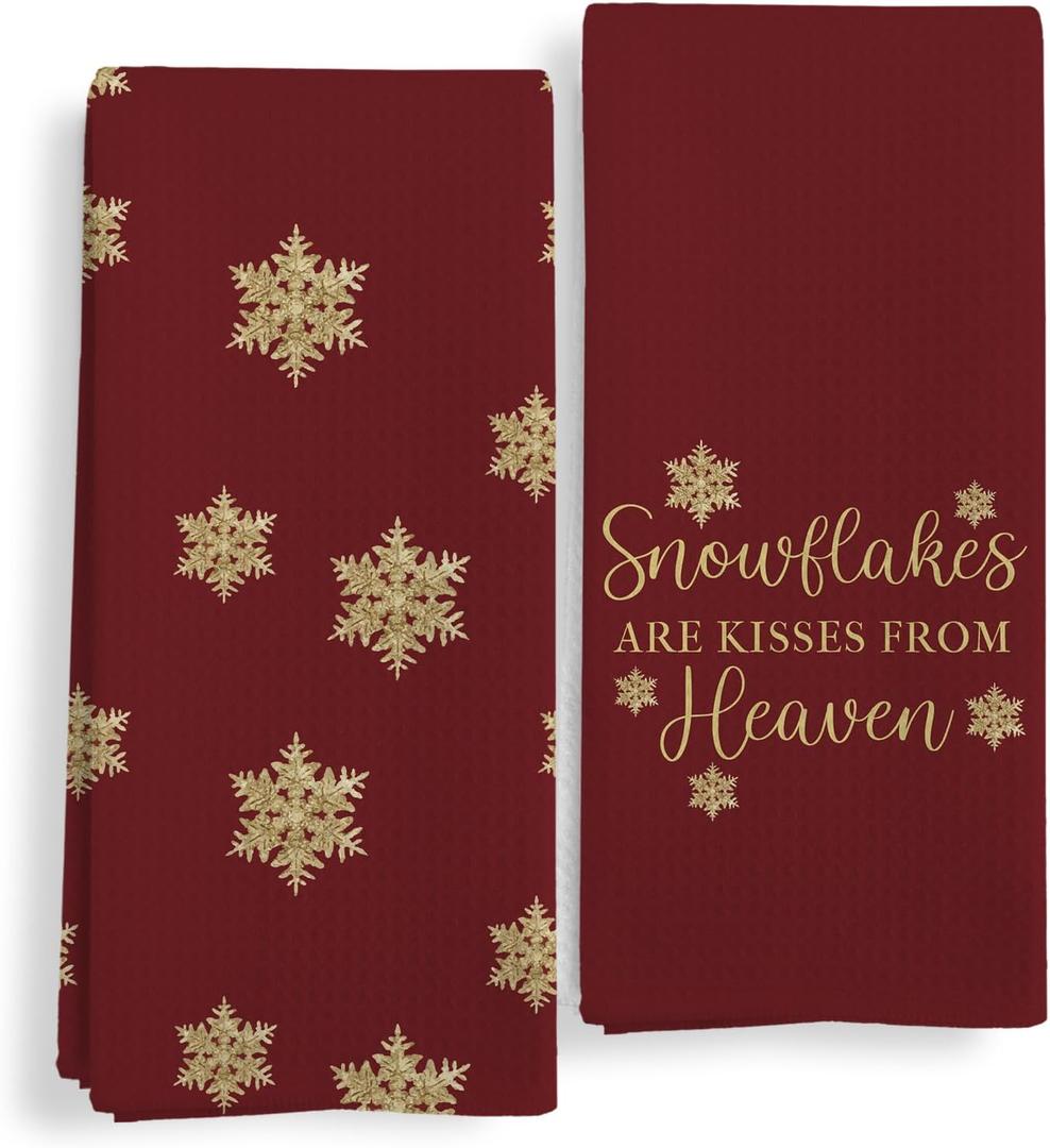 Qeheb Vintage Christmas Snowflake Kitchen Towels Set of 2, Red Christmas Dish Tea Towels for Kitchen, Rustic Winter Holiday Xmas Snowflake Decorative Hand Towels for Bathroom Decor, 16X24In
