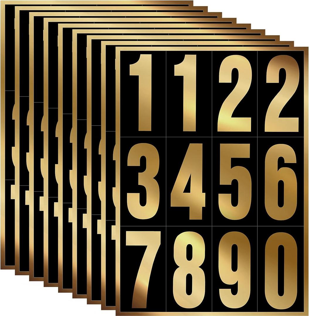 Tenare 96 Pieces 8 Set Mailbox Numbers Vinyl Waterproof Numbers 0-9 Self Adhesive Reflective for Outside Signs Door Trucks Address Trash Cars Home Business(3 Inch,Gold in Black)