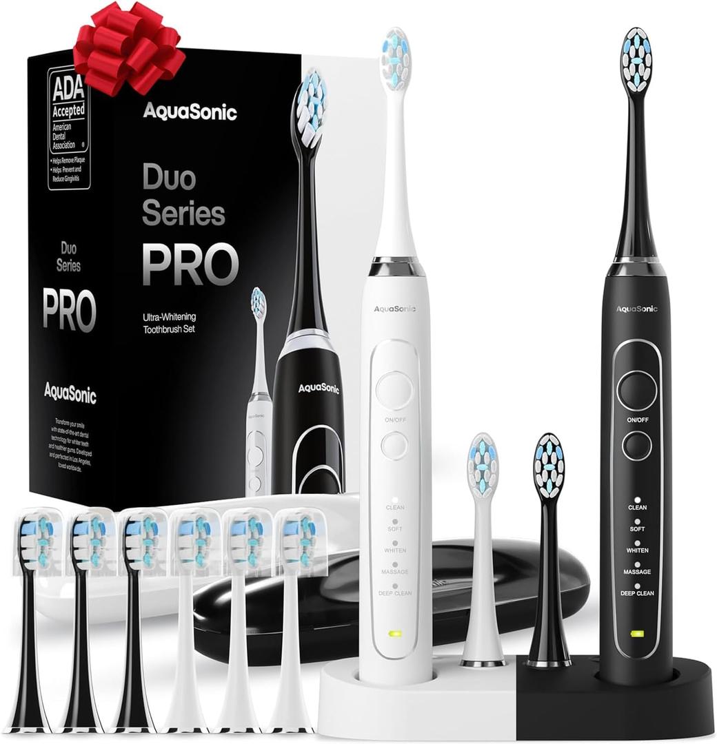 Aquasonic Duo Series PRO  Ultra-Whitening Electric Toothbrush Set  5 Modes & Smart Timers  Premium Travel Cases & 10 Proflex Brush Heads  ADA Accepted Toothbrushes