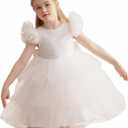 KAQININI Flower Girl Dress Ruffle Sleeve Layered Rainbow Holiday Fancy Satin Tulle Elegant Party Formal Communion Gown (White)