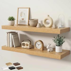 Floating Shelves for Wall 40 in x 9.3 in Deep, Wall Mounted Rustic Wood Shelf with Invisible Brackets for Storage & Display, Living Room Bedroom Bathroom, Oak, 2 Pack