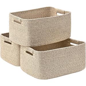 3 Pack Large Storage Basket for Organizing, 17.5"x13"x7" Woven Basket for Shelves, Closet Cube Storage Bins with Wrapped Handle, Cotton Rope Baskets for Kitchen, Clothes, Toys (Natural)