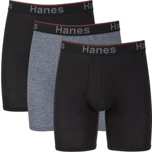 Hanes Mens Total Support Pouch Underwear, Anti-chafing, Multi-pack Boxer Briefs, Long Leg - Gray/ Black - 3 Pack, X-Large US