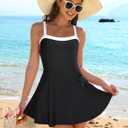 Women One Piece Swimsuit Swim Dress Color Block Modest Bathing Suit Retro Swim Suit Skirt (Black, L)