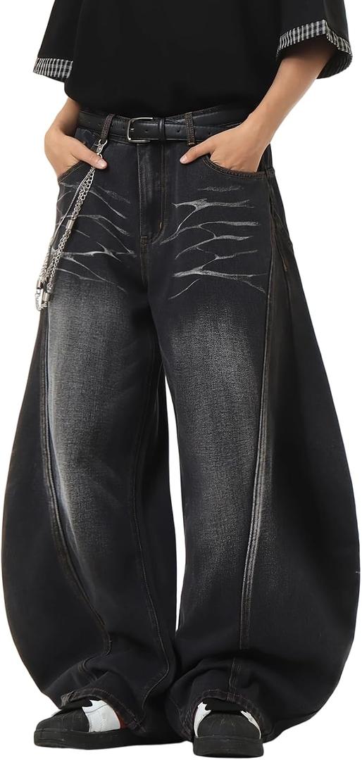 DFGIGT Baggy Barrel Jeans for Men Wide Leg Loose Fit Jeans Y2K Hip Hop Streetwear Denim Pants (Black, XXL)