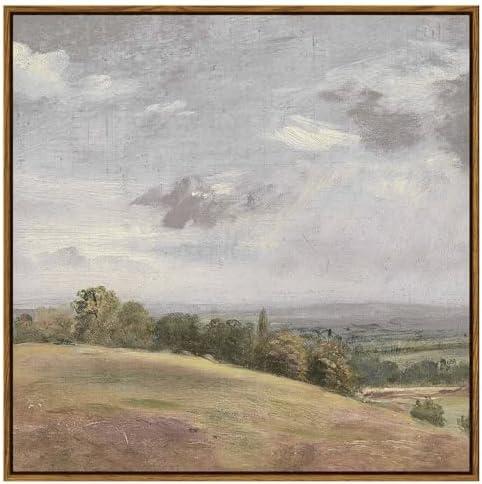 InSimSea Square Framed Canvas Wall Art, Farmhouse Nature Scenery Sky Clouds Valley Grassland Wall Art Prints, Classical Retro Paintings Home Decor for Living Room Bedroom Office 24"x24"