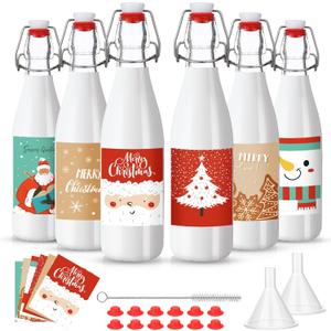 Maxcheck 6 Pcs 16 oz Christmas Swing Top Glass Bottles with Xmas Labels Sticker Airtight 500ml Empty Clear Bottle for Vanilla Extract Home Brewing Coquito Liqueur Xmas Party Supplies(Cartoon)