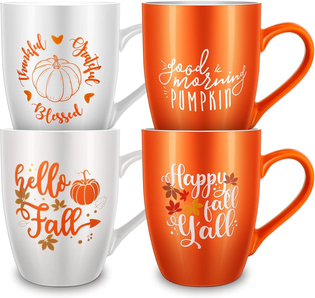 Funtery 4 Pcs Thanksgiving Coffee Mugs Fall Mugs Autumn Pumpkins Cups Happy Fall Y'all Coffee Mug Good Morning Pumpkin Cup Camp Mug Campfire Mug Ceramic Cup for Home Women Men Mom Dad (Orange,White)