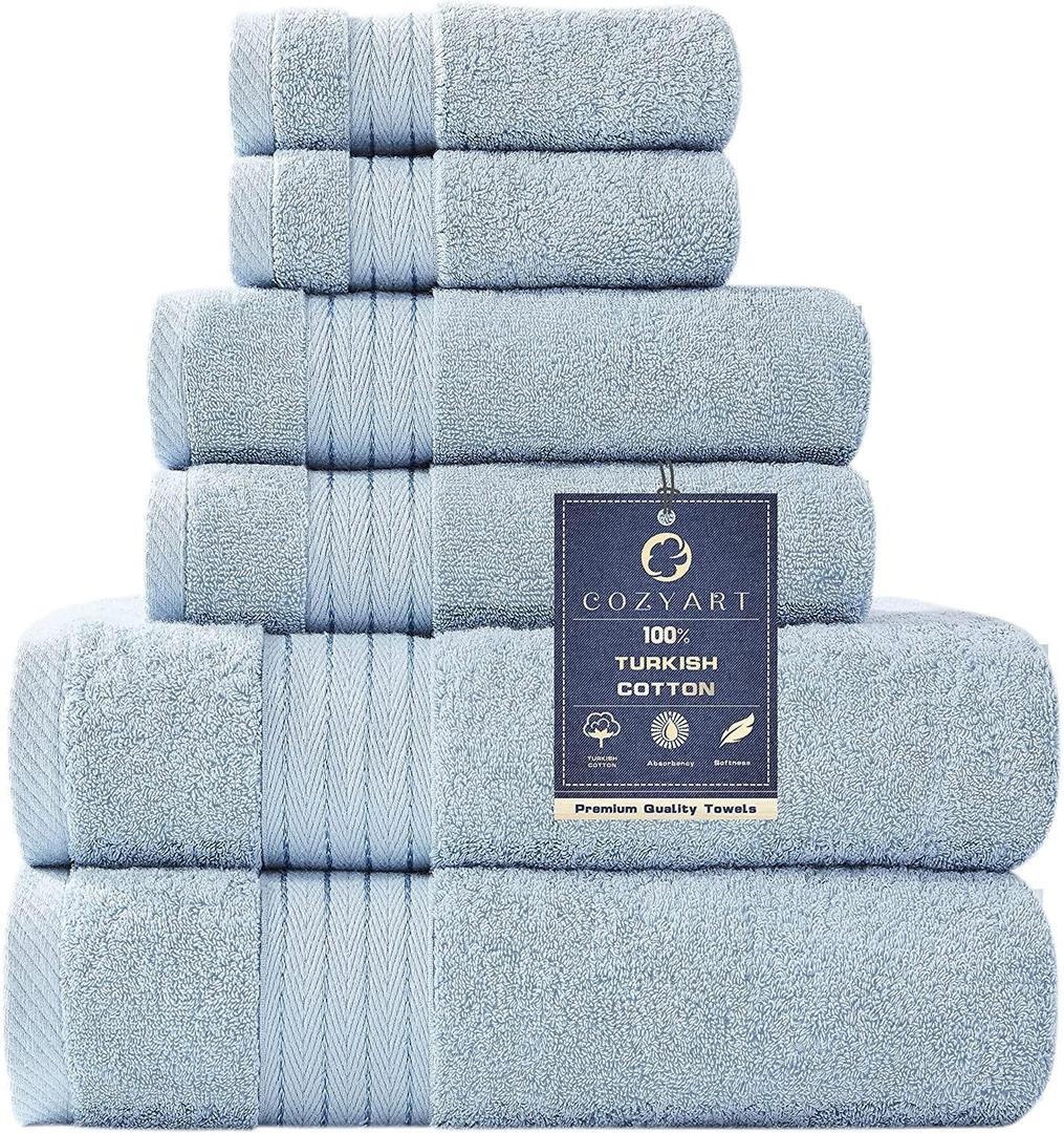 COZYART Light Blue Towel Sets for Bathroom 6Pcs, Turkish Cotton Bath Towel Set Soft Highly Absorbent and Durable 650 GSM Luxury Bathroom Sets with 2 Bath Towels, 2 Hand Towels, 2 Washclothes, 6 Piece Towel Set