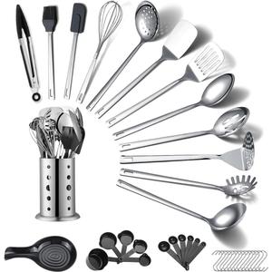 Stainless Steel Kitchen Utensils Set 40 Pieces, Cooking Utensil Set with Utensils Holder, Kitchen Gadgets Kitchen Essentials New Home, House, Appartment Must Have, Metal Spatula Set