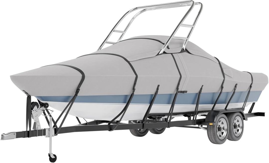 True 900D 100% Waterproof Ski&Wakeboard Tower Boat Cover Tear-Proof Trailerable Full Size Boat Cover for V-Hull,Runabouts,I/O with Ski/Wakeboard Towers and Storage Bag (22'-24'L, Beam Width to 116" W)