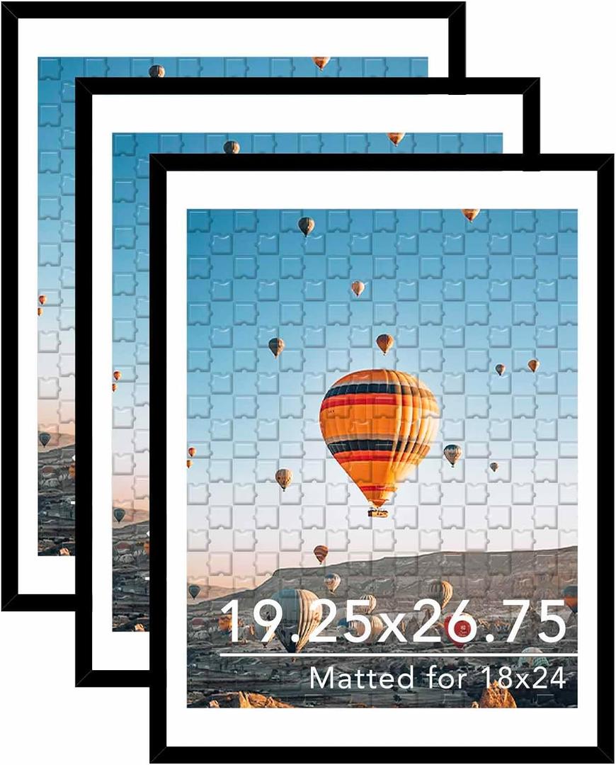 JCJMY 19.25x26.75 Puzzles Frame Set of 3, Display 18x24 with Mat or 19.25 x 26.75 without, Wall Hanging 19.25 by 26.75 Picture Frame for Poster Photo Canvas Picture Puzzles, 3 Pack, Black