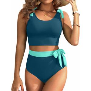 Yonique Two Piece High Waisted Swimsuits - Women Tummy Control Bikini Modest Bathing Suit 2PC 2025 Teal and Green L