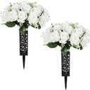 2 Sets Artificial Cemetery Flowers for Grave, Outdoor Roses Funeral Flowers with Cemetery Vase, Memorial Flowers Arrangements Bouquet Vibrant and Long-Lasting Colors(White)