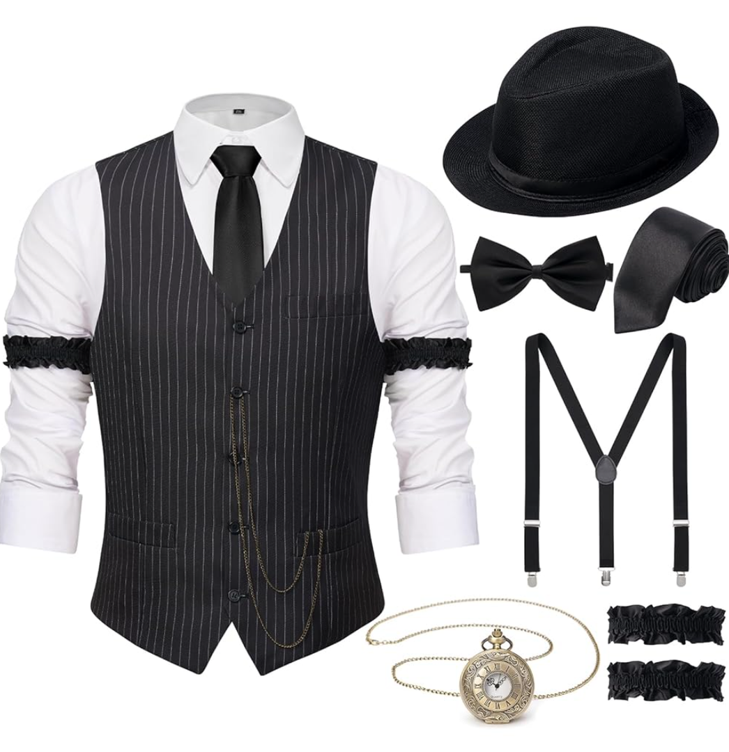 YESSA 1920s Mens Costume,Roaring 20s Costumes for Men,Gatsby Costume Men,1920s Mens Outfit Hat Vest Pocket Watch Tie, 2XL