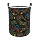 Jbofyee Gaming Joysticks Laundry Hamper Bag With Waterproof Liner - Video Game Controller Round Laundry Basket Foldable Clothes Storage Organizer For Bathroom Bedroom Nursery Dorm, S-16.5"X 13.8"