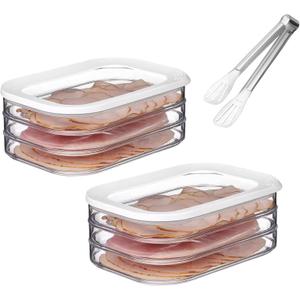 6Pcs Deli Meat Container for Fridge,Lunch Meat Container for Refrigerator with Food Serving Tongs Stackable Bacon Holder Cheese Keeper Turkey Deli Meat with Lid for Refrigerator