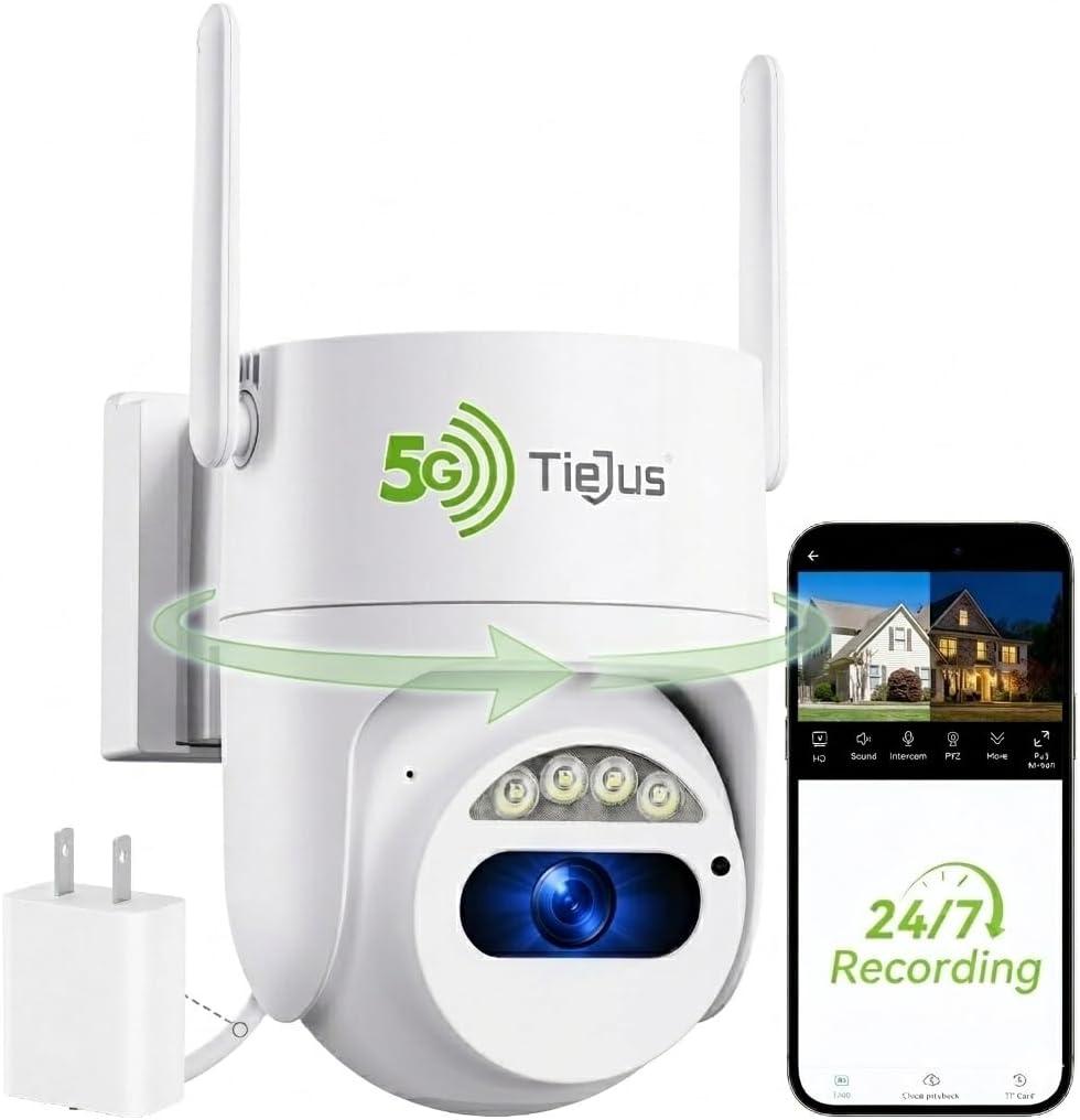 5G/2.4G Security Camera Outdoor, 3MP Wired Cameras 24/7 Recording, Plug-in Power, 360 View, Motion Auto Tracking, Alexa, 2-Way Audio, IP66, Color Night Vision, SD Card/Cloud Storage (White)